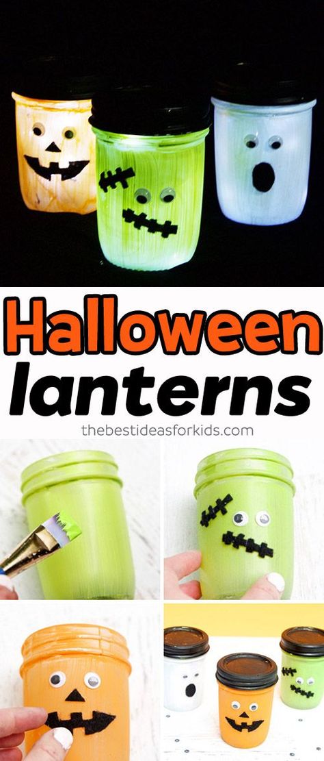 Halloween Luminaries, Halloween Mason Jars, Mason Jar Lanterns, Fun Halloween Crafts, Halloween Arts And Crafts, Halloween Lanterns, Easy Halloween Crafts, Jar Lanterns, Wine Bottle Diy Crafts