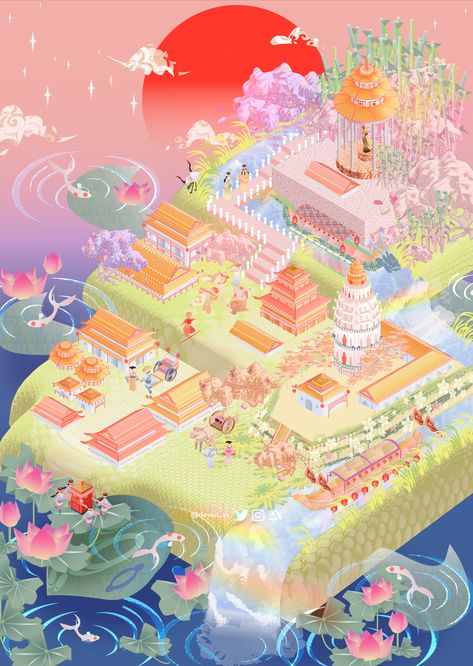 Illustrator Isometric, Isometric Island, Giant Turtle, Penang Island, Buddhist Scriptures, Adobe Illustrator Vector, Illustrator Vector, Isometric Illustration, Journey To The West