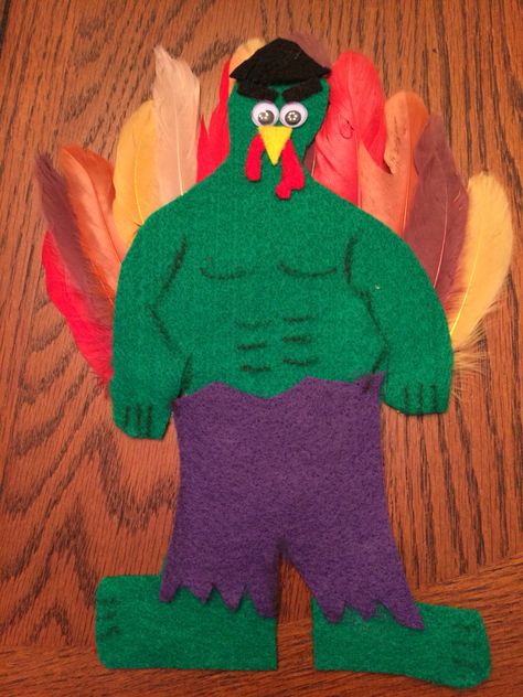 Turkey in disguise. #hulk Turkey Kindergarten, Turkey Trouble, Turkey In Disguise, Disguise A Turkey, Turkey Disguise Project, Turkey Project, Turkey Disguise, Tom Turkey, Thanksgiving Projects