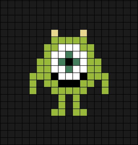 A small pixel art template of Mike Wazowski from Pixar's 2001 Monsters, Inc. film (movie for Americans). Mike Wazowski Perler Beads, Small Bead Art, Small Disney Pixel Art, Pixel Drawing Disney, Monsters Inc Pixel Art, Pixar Pixel Art, Disney Pixel Art Easy, Pixel Art Pattern Disney, Easy Pixel Art Ideas Cute