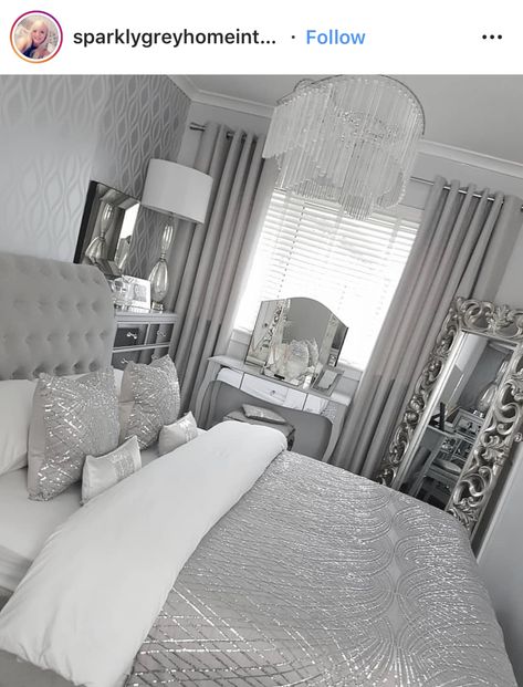 The bedspread is pretty but all that silver is too much in one space Silver Bedroom Decor, Creative Design Furniture, Silver Bedroom, Warm Bedroom, Glam Bedroom, Grey Bedroom, Trendy Bedroom, Comfortable Bedroom, Bedrooms Decor