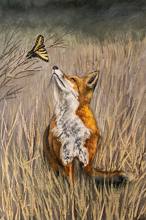 Fox and a butterfly sharing a sunlit day Fox And Butterfly, Fox Drawings, Fox Drawing, Fox Tattoo, Fox Art, Birch Tree, Wildlife Art, Wild Animals, A Butterfly