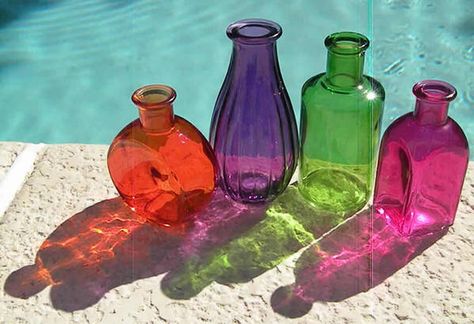Colored Bottles 6 - WetCanvas | Reference Image Library Colored Glass Photography, Colored Glass Bottles, Drawer Cupboard, Glass Photography, Sea Glass Colors, Reference Image, Deco Home, Shadow Art, Vintage Bottles