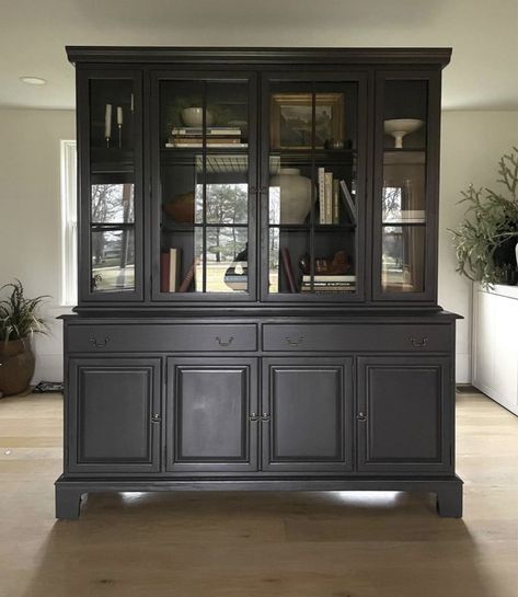 Black Hutch Dining Room, Black Hutch Makeover, Office Hutch, Modern Hutch, Black Hutch, China Cabinet Makeover, Painted Hutch, Hutch Makeover, Dining Room Hutch