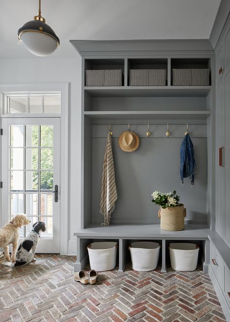 Mudroom Herringbone Tile, Mud Room With Pantry, Jean Stoffer Mudroom, Herringbone Brick Mudroom, Herringbone Brick Floor Laundry Room, Herringbone Brick Floor Mudroom, Mud Room Brick Floor, Craftsman Mudroom Ideas, Herringbone Brick Floor Entryway