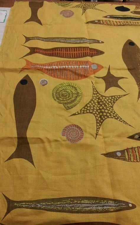 RARE Vintage 1951 Ken Scott Fabric A Fish is a Fish Screen Printed MidMod Tiki | #1818311349 Prints For Fabrics, Fish Skull, Vintage Kitchen Curtains, Ken Scott, Green Candle Holders, Linen Background, Vintage Burlap, Fabric Fish, Floral Pillowcase