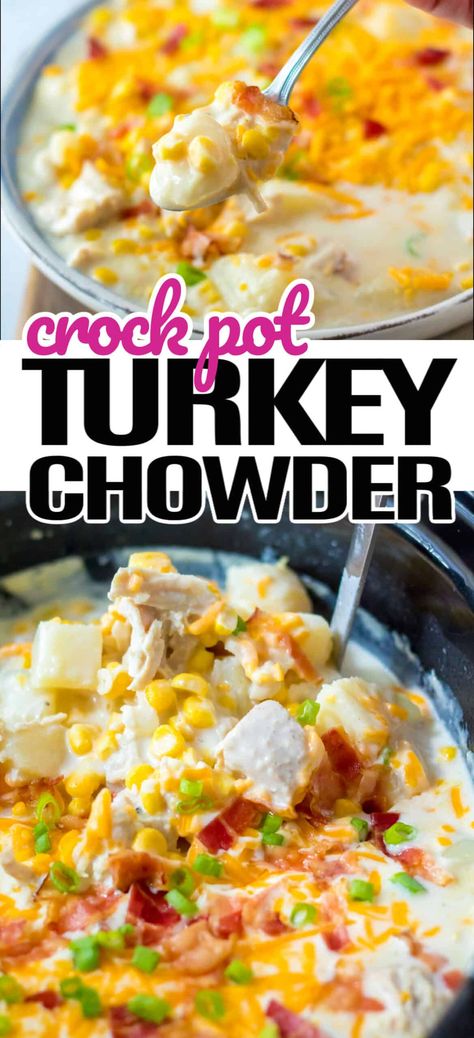 This hearty and delicious Crock Pot Turkey Chowder is so easy to make and is the perfect recipe to use your leftover holiday turkey in! Leftover Turkey Recipes Crockpot, Turkey Leftovers Crockpot, Corn Chowder Crockpot, Turkey Chowder, Turkey Soup Crockpot, Slow Cooker Turkey Soup, Slow Cook Turkey, Crock Pot Turkey, Shredded Turkey Recipes