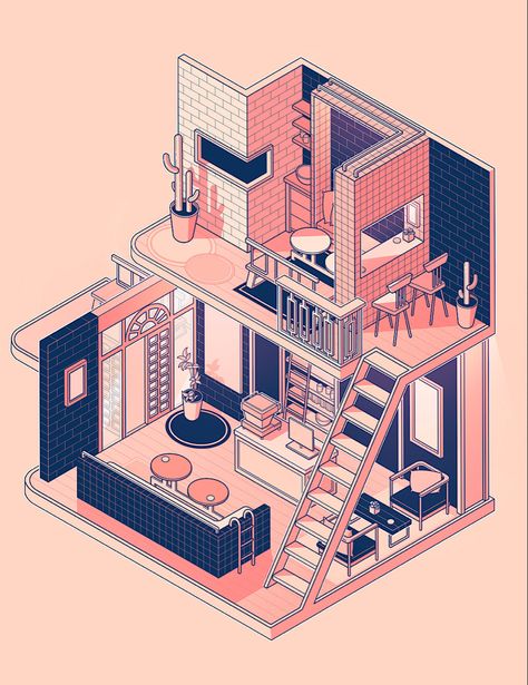 Cafe Isometric, Isometric Cafe, Corner Coffee Shop, Isometric Sketch, Blender Design, Cali House, Interior Design Portfolio Layout, Corner Coffee, Isometric Drawing