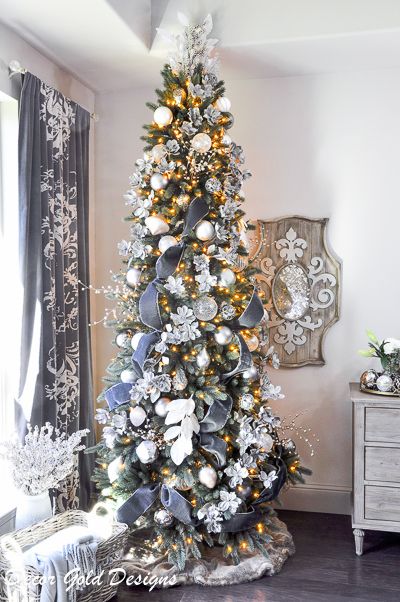 christmas-home-tour-bedroom-by-decor-gold-designs Gold Christmas Trees, Silver And Gold Christmas, Gold Christmas Tree Decorations, Blue Christmas Decor, Silver Christmas Decorations, Grey Christmas, Gold Christmas Decorations, Christmas Tree Inspiration, Ribbon On Christmas Tree