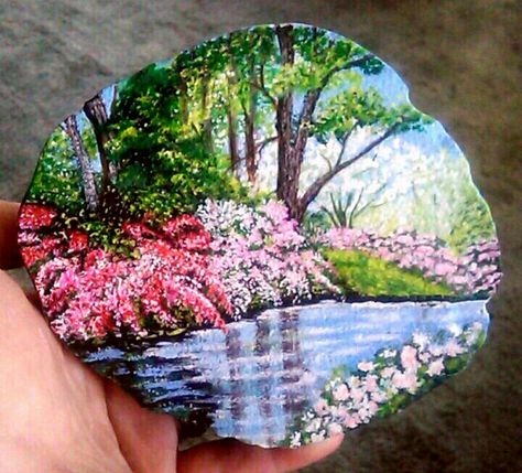 Landscape With River, Rock Painting Flowers, Painted Pebbles, Rock Painting Tutorial, Color Drawing Art, Sidewalk Art, Stone Art Painting, Wood Painting Art, Painted Rocks Craft