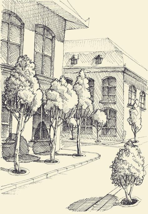 Buildings Sketch, Landscape Design Drawings, Architecture Drawing Sketchbooks, Landscape Architecture Drawing, Perspective Drawing Architecture, City Sketch, Building Sketch, Pen Art Drawings, Landscape Sketch