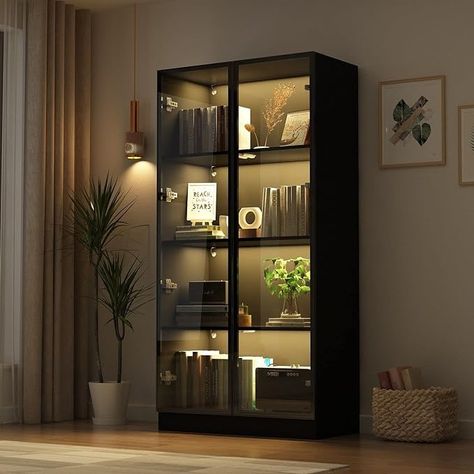 Amazon.com: FAMAPY Display Cabinet with Glass Doors and Lights, 4-Tier Storage Shelves, Pop-up Design, Trophy Case Display Cabinet for Collectibles, Display Case Cabinet Black (31.5”W x 15.7”D x 63”H) : Home & Kitchen Living Room Cupboards, Display Cabinet Modern, Collectibles Display, Cabinet With Glass Doors, Trophy Case, Aesthetic Bedroom Ideas, Cabinet Black, Glass Cabinets Display, Trendy Living Rooms