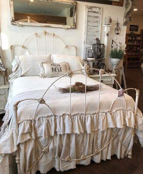 get Khloe Bedroom, Vintage Cottage Bedroom, Ruffle Bedspread, Shabby Sheek, Muebles Shabby Chic, Iron Beds, Headboard Queen, Iron Bed Frame, Slip Covers