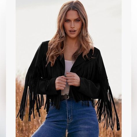 Black Fringe Faux Suede Jacket Country Concert Outfits, Red Blazer Jacket, Cropped Jackets, Outdoor Jackets, 70s Women, Faux Leather Coat, Hippie Costume, Leather Jacket Style, Country Concert Outfit