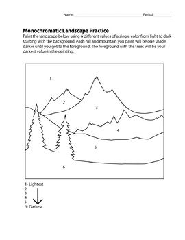 Monochromatic Landscape Practice by Artful Ideas | Teachers Pay Teachers Monochromatic Landscape Art, Atmospheric Perspective Landscape, Value Painting Monochromatic, Abstract Art Monochromatic, Monochromatic Landscape Painting, Monochromatic Painting Ideas, Art Starters, Beginning Painting, Landscape Practice