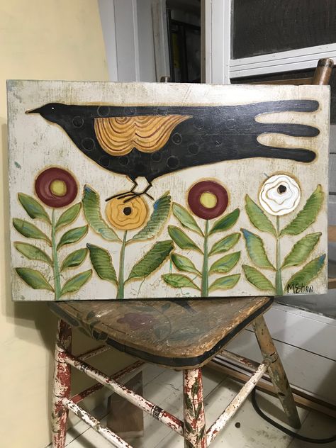 Folk Art Painting Whimsical Flowers, Folk Art Crow Painting, Primitive Folk Art Patterns, Folk Art Decor Living Rooms, Primitive Art Painting, Folk Wall Art, Primitive Folk Art Painting, Crow Folk Art, Folk Art Painting Country