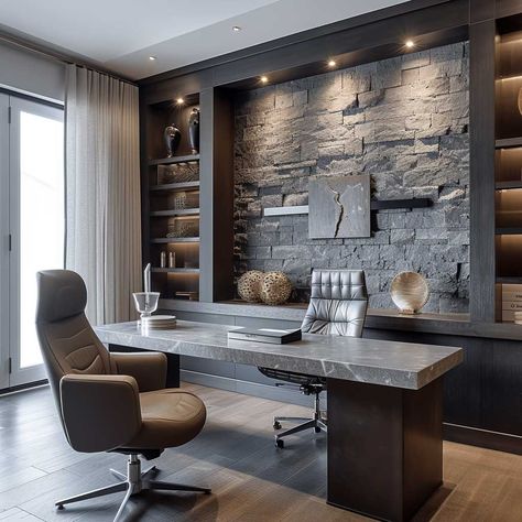 10+ Stylish Stone Accent Walls to Enhance Your Interior Design • 333+ Images • [ArtFacade] Stone Accent Wall Ideas, Stone Accent Wall, Library Rooms, Chic Office Decor, Home Library Rooms, Accent Wall Ideas, Stone Accent Walls, Lifestyle Ideas, Accent Wall Decor