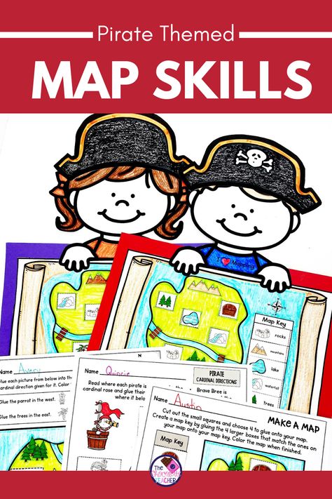 Have some fun teaching beginning mapping with pirate map skills worksheets and a craft. You can learn all about how and why I like to use pirate maps to teach mapping. Click to see the blog! First Grade Social Studies, Teaching Map Skills, Pirate Craft, Teaching Maps, Map Skills Worksheets, First Grade Crafts, Map Key, Pirate Map, Pirate Activities