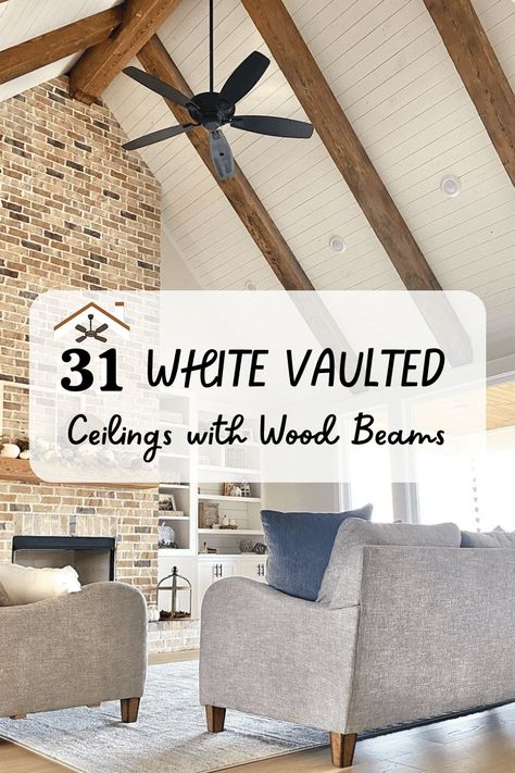 The simplicity of a white vaulted ceiling with wood beams is perfect for any home. Whether you're looking to give your room an updated look or just want to keep it simple, this design is a great option. White Vaulted Ceiling, Vaulted Ceiling With Wood Beams, Beams In Living Room, Ceilings With Wood Beams, Ceilings With Wood, Ceiling With Wood, Living Room Ceilings, Stained Wood Beams, Ceiling Beams Living Room