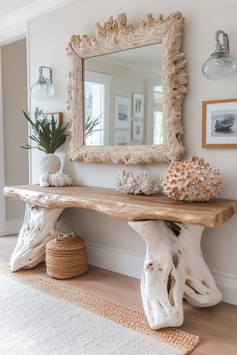 Tidepool Touches Home Rustic Ocean Decor, Coastal Living Room Wall Decor Ideas, Coastal Western Home, Dark Wood Coastal Decor, Diy Beach Home Decor, Coastal Farmhouse Entryway Ideas, Coastal Industrial Decor, Coastal Home Aesthetic, Beach Shack Decor