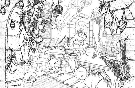 Everything I Wanted, Witch Room, Adult Colouring Printables, Detailed Coloring Pages, Black And White Sketches, Background Drawing, Colouring Printables, Work Room, Adult Colouring