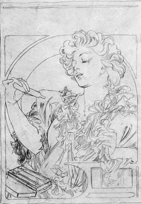 Alphonse Mucha Advertisements, Alphonse Mucha Inspired Art, Alphonse Mucha Poster, Art Nouveau Alphonse Mucha, Poster Sketch Design, Art Noveau Sketches, Art Nouveau Sketch, Mucha Drawing, Perfume Reference