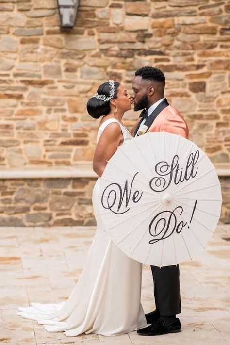 "Our \"We Still Do\" vow renewal anniversary parasol umbrellas are the perfect photography prop to use for your special day! A great addition to your vow renewal ceremony that will create unique wedding pictures. We will work with you to create your personalized parasol, hand painted with \"We Still Do\". Each parasol measures 32\" when fully extended and made from paper with a bamboo handle-parasols are available in natural white. View all of our parasols here: https://www.etsy.com/shop/exclusi Black And White Vow Renewal, We Still Do Photo Shoot, We Still Do, Umbrella Wedding Ceremony, 20 Year Vow Renewal Ideas, Backyard Vow Renewal Ideas, Wedding Anniversary Dresses, Unique Wedding Pictures, Vow Renewal Photoshoot