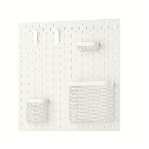 With SKÅDIS pegboard it's easy to organise all the rooms of the home and quickly find what you need. The accessories are easy to attach anywhere on the pegboard and easy to move when you like - no tools needed. Different wall materials require different types of fixing devices. Use fixing devices suitable for the walls in your home, sold separately. Rail for wall mounting included. Can also be used in bathrooms. Pegboard Basematerial: Fibreboard, Acrylic paint Metal parts: Steel, Powder coating Storage basket, set of 3 Steel, Powder coating Clip Basematerial: Steel, Epoxy/polyester powder coating Spring: Steel, Galvanized Assembly instructions SKÅDIS Pegboard 003.208.03 White Pegboard, Ikea Pegboard, Ikea Skadis, Ikea Finds, Shelf Hooks, Ikea Desk, Ikea Family, Wall Storage, Wall Organization