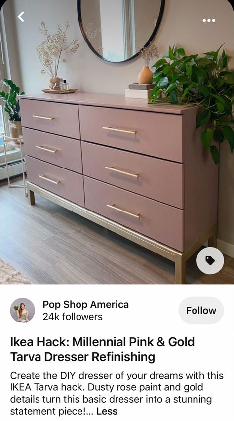 Mid Century Modern Dresser Makeover, Dresser Inspo, Colors For Toddlers, Pink Dresser, Colorful Dresser, Dresser Refinish, Townhouse Interior, Dark Green Walls, Diy Dresser Makeover