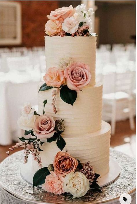 White Wedding Cake With Pink Roses, Wedding Cake Light Pink, June Wedding Cake, Vow Renewal Cake Ideas, Wedding Cake Dusty Pink, Wedding Cakes Buttercream, Buttercream Wedding Cakes, Moms 60th, Blush Wedding Cakes