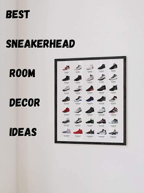 Teen Boy Room Shoe Display, Sneakers Room Decor, Sneakerhead Room Ideas, Sneaker Room Decor, Sneaker Themed Bedroom, Sneaker Bedroom Ideas, Sneaker Head Room Ideas Boy, Jordan Room Ideas, Nike Bedroom