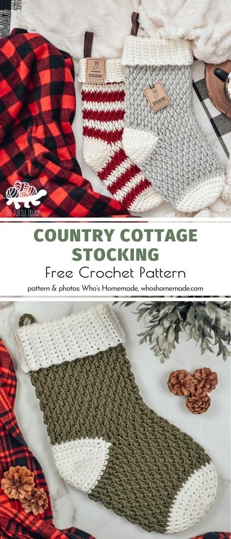 Country Cottage Christmas Stocking, Country Cottage Stocking, Country Christmas Stockings Ideas, Crochet Vintage Christmas Stocking Pattern Free, Free Crochet Christmas Stocking Pattern, Free Crochet Christmas Stocking, Crochet Stocking Pattern Free, Holiday Crochet Patterns, Crochet Christmas Stocking Pattern