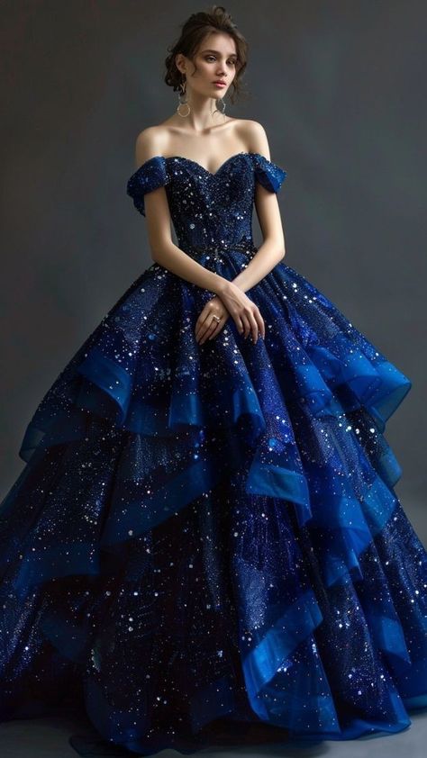 Dark Blue Dress With Stars, Enchanted Ball Gown, Dark Blue Dress Aesthetic, Themed Prom Dresses, Punk Wedding, Celestial Style, Elegance Dress, Modern Dresses, Fantasy Clothes