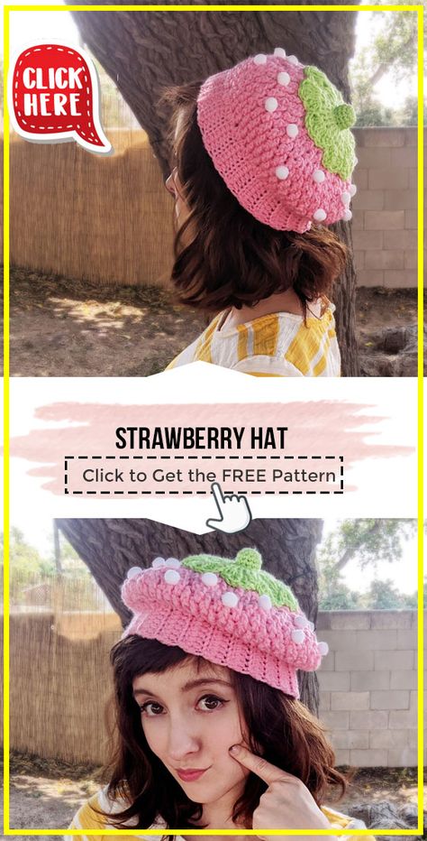 Crochet Strawberry Beret, Free Crochet Pattern For Hats, Crochet Strawberry Bandana Pattern Free, Strawberry Crochet Hat Pattern, Strawberry Hat Crochet Pattern Free, Strawberry Crochet Beanie, Strawberry Crochet Projects, Free Crochet Patterns For Beginners Clothing, Cute Strawberry Things