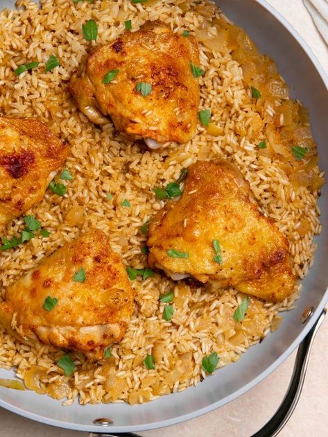 This easy stovetop recipe is perfect for a home-cooked comfort meal any day of the week. Loaded with savory flavor, tender chicken thighs and delicious brown rice, it's a recipe you will love making again and again. Air Fry Chicken Thighs, Seasoned Brown Rice, Chicken Thigh And Rice Recipe, Recipe Teacher, Chicken Easy Recipes, Air Fry Chicken, Curly Updos, Turkey Meals, Juicy Chicken Thighs