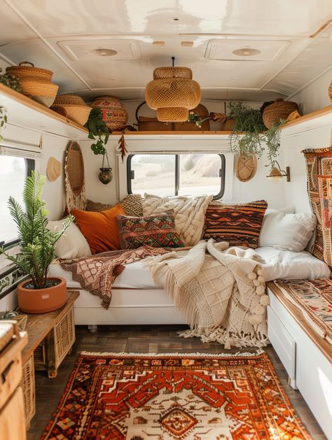 25 Tips for Designing a Cozy Boho Camper – TastyInteriors Southwest Camper Interior, Vanlife Interiors Boho, Camping Caravan Ideas, Southwest Camper Decor, Cozy Camper Ideas, Camper Ceiling Ideas, Cottagecore Camper, Boho Pop Up Camper, Boho Caravan Interior