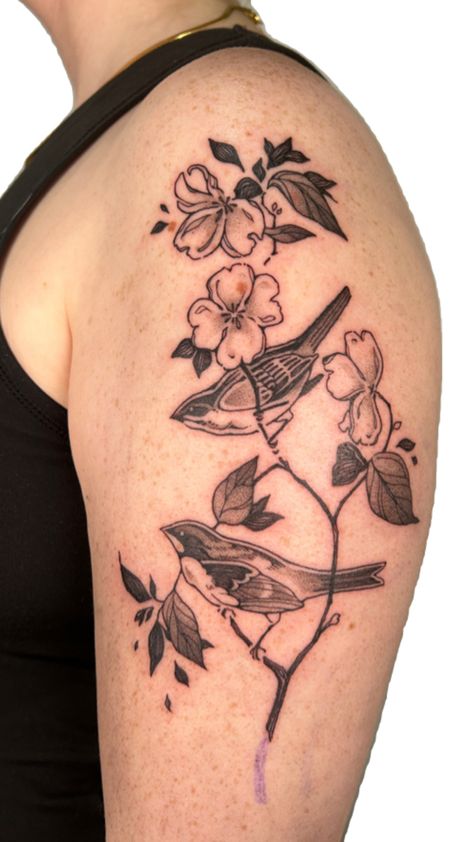 Dogwood branch and flowers with sparrows tattoo on upper arm Floral Bird Tattoo, Holding Flower Tattoo, Sparrows Tattoo, Tattoo On Upper Arm, Dogwood Tattoo, Dogwood Branch, Dogwood Branches, Sparrow Tattoo, Bird Tattoo