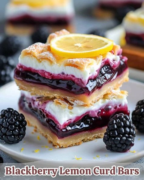 RecipesEpic Family | Blackberry Lemon Curd Bars 🍇🍋 | Facebook Blackberry Lemon Curd Bars, Blackberry Dessert Recipes, Blackberry Cobbler Recipe, Blackberry Dessert, Fruity Treats, Blackberry Recipes, Shortbread Crust, Blueberry Recipes, Cheesecake Bars