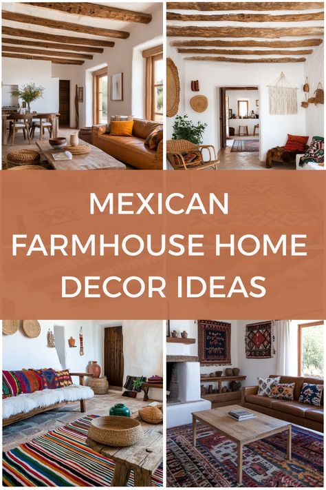 Mexican farmhouse living rooms with rustic wood beams and vibrant textiles. Modern Mexico Living Room, Spanish Home Decor Ideas, Western Farmhouse Dining Room, Mexican Hacienda Interior, Mexico City Home Decor, Santa Fe Homes Interiors, Tex Mex Decor, Modern Farmhouse Home Decor Ideas, Decorating Ideas For The Home 2024