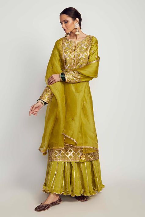 Buy Pink City Green Silk Chanderi Kurta Sharara Set Online | Aza Fashions Kurta Skirt, Embroidered Sharara, Sharara Pants, Kurta Sharara Set, Kurta Sharara, Traditional Attires, Long Kurta, Pink City, Indian Wedding Wear