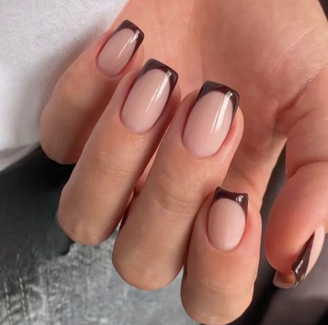 French Nails With Brown Tip, Brown French Manicure Square, Beige French Nails, Beige French Tip Nails, Pink And Brown Nails, Beige Nail Designs, Nails Beige, Ongles Beiges, Beige Nail