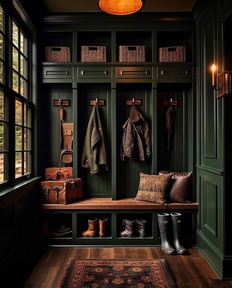 Masculine English Country, Academic House Aesthetic, Victorian Boot Room, Dark Green Aesthetic Interior Design, Black Wainscoting Office, Green And Black House Decor, Cottage Core Meets Dark Academia, Soft Goth Autumn House, Eclectic Grandpa Home