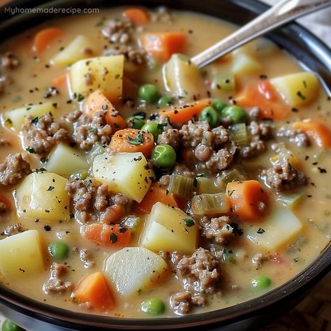 Crockpot Creamy Potato & Hamburger Soup Recipe - My Home Made Recipe Crockpot Creamy Potatoes And Hamburger Soup, Creamy Potato & Hamburger Soup Recipe, Potato Stew Crockpot Recipes, Stew With Hamburger Meat, Creamy Crockpot Hamburger Potato Soup, Ground Beef Potato Soup Crock Pot, Potato Hamburger Soup Recipe, Hearty Soups And Stews Crock Pots, Creamy Vegetable Beef Soup