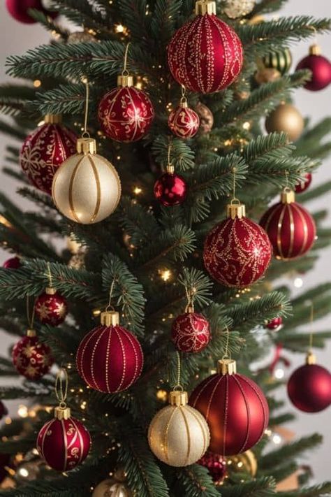 Natal, Gold And Red Christmas Tree Ideas, Elegant Red And Green Christmas Tree, Traditional Christmas Theme, Classic Christmas Ornaments, Red And Gold Christmas Tree Decorations, Red And Gold Christmas Tree Ideas, Gold And Red Christmas Decorations, Christmas Gold And Red