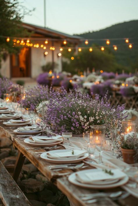 29 Boho Wedding Ideas for a Dreamy Celebration 5 Lavender Theme Wedding Decor, Wedding Flowers On Tables, Boho Wedding Lavender, Wedding Table Settings Lavender, Garden Wedding Lavender, Nature Table Setting, Lavender Wedding Place Setting, Lavender Country Wedding, Modern Lavender Wedding