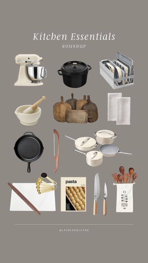 Kitchen Essentials : Our Must Haves | Laine and Layne Organisation, Cream Kettle, Amazon Kitchen Decor, Kitchen Tools And Equipment, Kitchen Essentials List, Non Toxic Cookware, Marble Pastry Board, Coconut Bowls, House Essentials