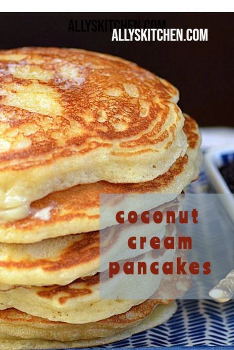 Coconut cream pancakes are the perfect weekend or special occasion treat. Loaded with healthy coconut oil, milk and shredded coconut, this is a homerun! #easypancake #pancakerecipe Coconut Cream Pancakes, Break Fast Morning Breakfast Healthy Recipes, Coconut Cream Recipes Canned, Coconut Milk Pancakes, Cream Pancakes, Coconut Pancakes, Breakfast Yummy, What's For Breakfast, Fluffy Pancakes