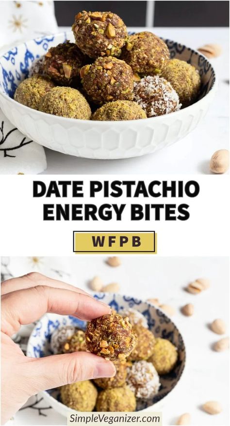 NO-BAKE DATE PISTACHIO ENERGY BITES (WFPB, Vegan, Gluten-Free) - Simple Veganizer Vegan Protein Bites, Pistachio Energy Bites, Wfpb Vegan, Protein Energy Bites, Apple Chips Recipe, Energy Bites Recipe, Vegan Energy Balls, Gluten Free Pastry, Energy Bites Recipes