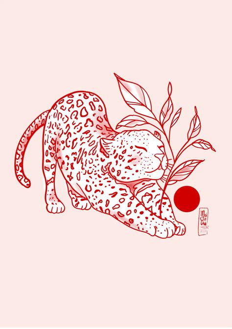 Jaguar Tattoo Thigh, Red Animal Tattoo, Simple Panther Tattoo, Red Leopard Tattoo, Leopard Shoulder Tattoo, Small Jaguar Tattoo, Red Fineline Tattoo, Dainty Tiger Tattoo, Leopard Drawing Sketch