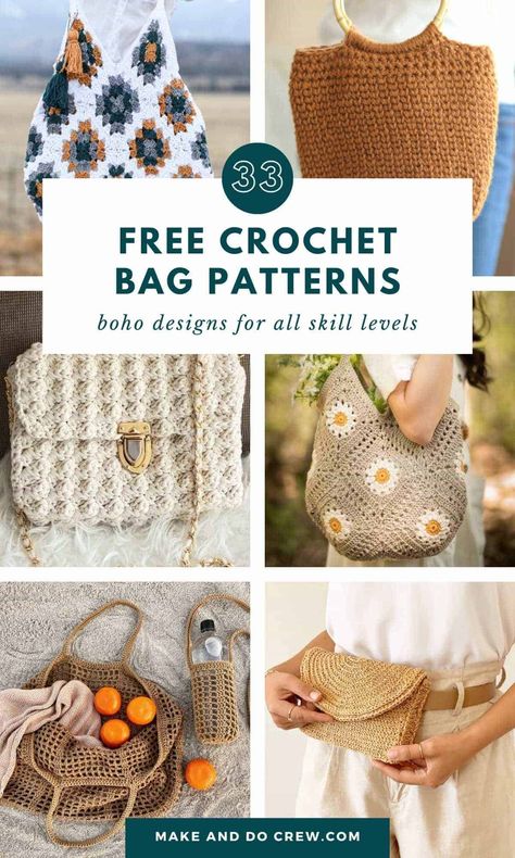 Discover the best modern crochet bag patterns for beginners in this collection curated by Make and Do Crew. Featuring everything from trendy boho bags to practical market tote bags and sling bags. You'll find tons of detailed crochet bag tutorials that guide you through creating stylish accessories like fanny packs, beach bags, and elegant clutches. Whether you prefer small crochet purses or large, edgy crochet bucket bags, there's a pattern for you. | Crochet Handbags Easy Crochet Bag For Beginners Purse Patterns, Chunky Crochet Purse Free Pattern, Crochet Bag Pattern Diagram, Free Pattern Bag Crochet, Crochet Hand Bag Pattern, Crochet Free Patterns Bag, Sturdy Crochet Bag, Free Cotton Crochet Patterns, Handbag Crochet Pattern Free